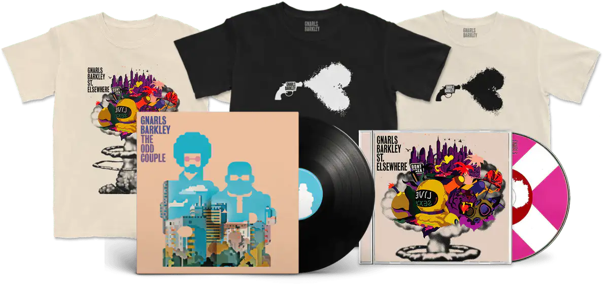 Store items including tshirts, cd and vinyl packs